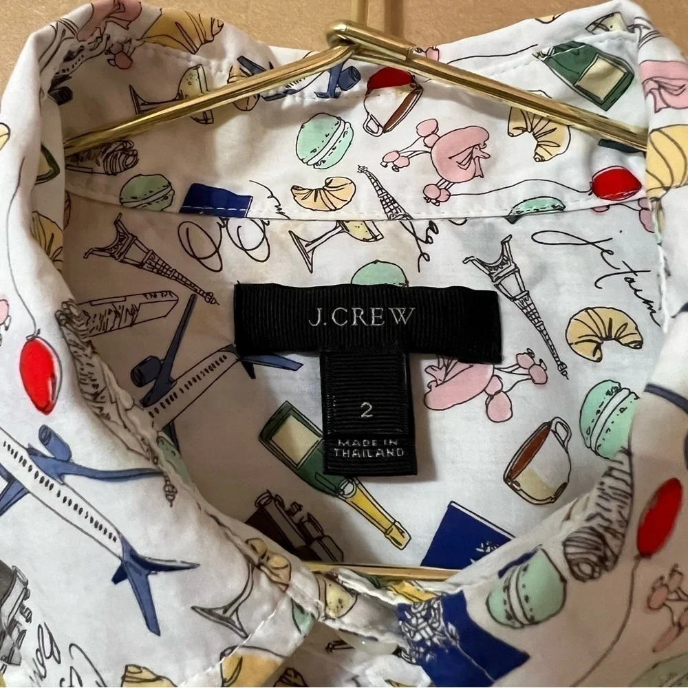 J. Crew | Parisian Novelty Print Popover Top French Paris Travel Shirt Size 2